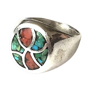 Native American Turquoise Coral Ring Sterling 925